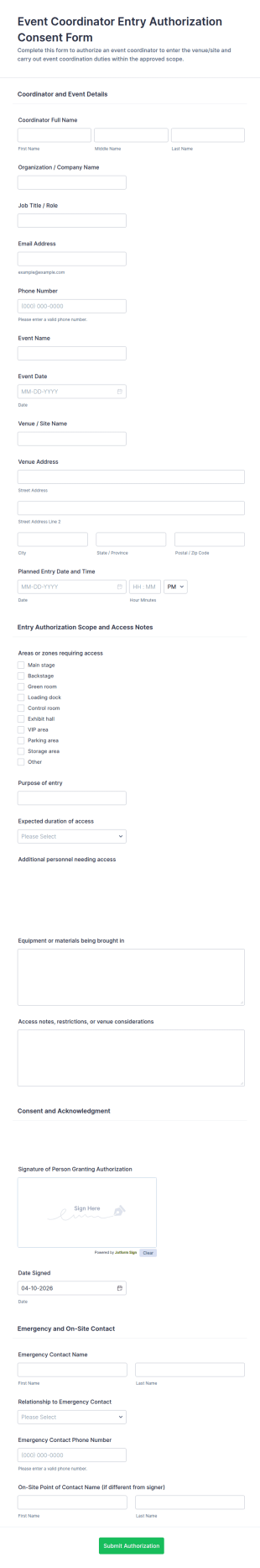 Event Coordinator Entry Authorization Form Template