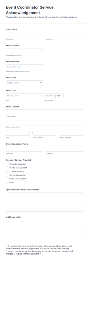 Event Coordinator Service Acknowledgement Form Template