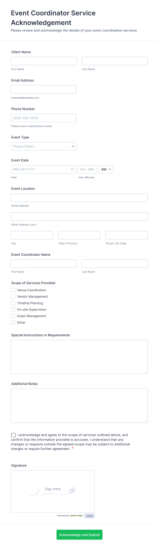 Event Coordinator Service Acknowledgement Form Template