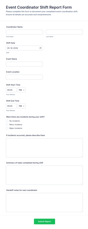 Event Coordinator Shift Report Form Template