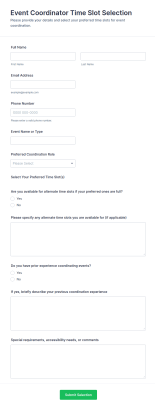 Event Coordinator Time Slot Selection Form Template