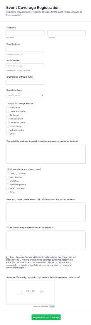 Event Coverage Registration Form Template