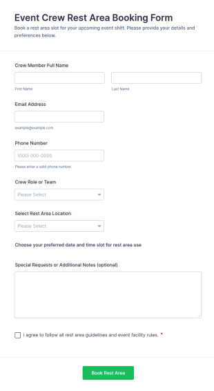 Event Crew Rest Area Booking Form Template