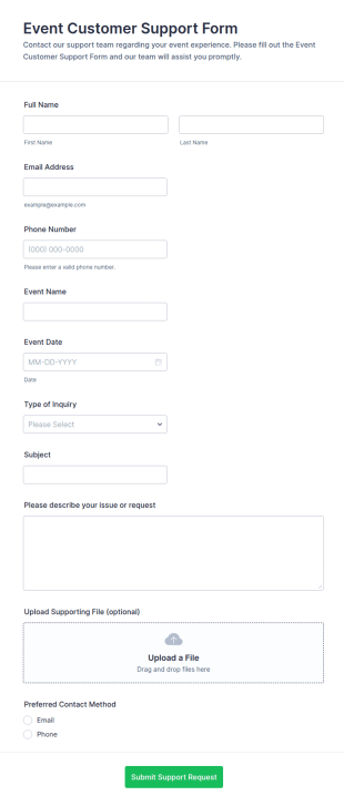 Event Customer Support Form Template