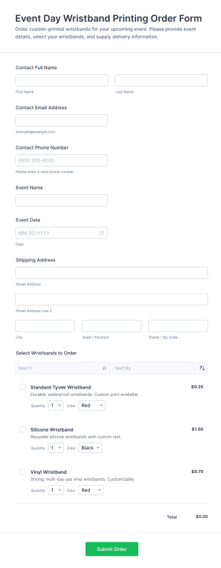 Event Day Wristband Printing Order Form Template