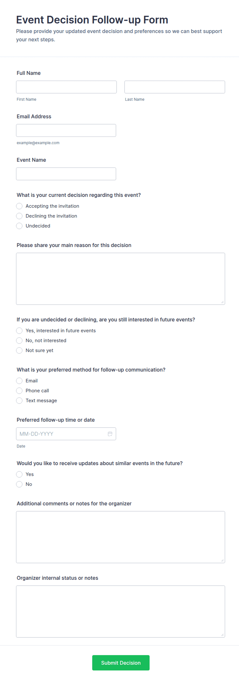 Event Decision Follow-up Form Template | Jotform