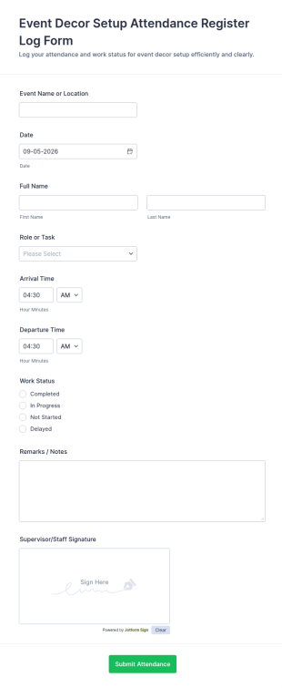 Event Decor Setup Attendance Register Form Template