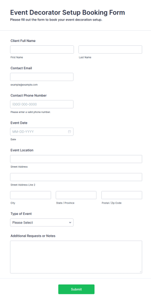 Event Decorator Setup Booking Form Template