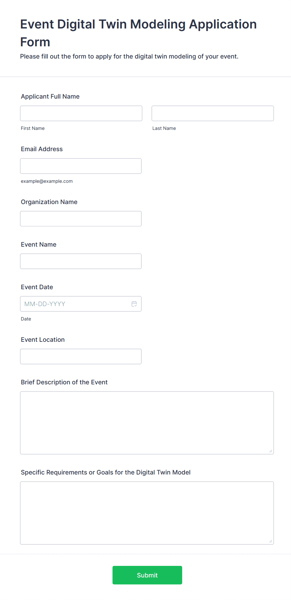 Event Digital Twin Modeling Application Form Template | Jotform