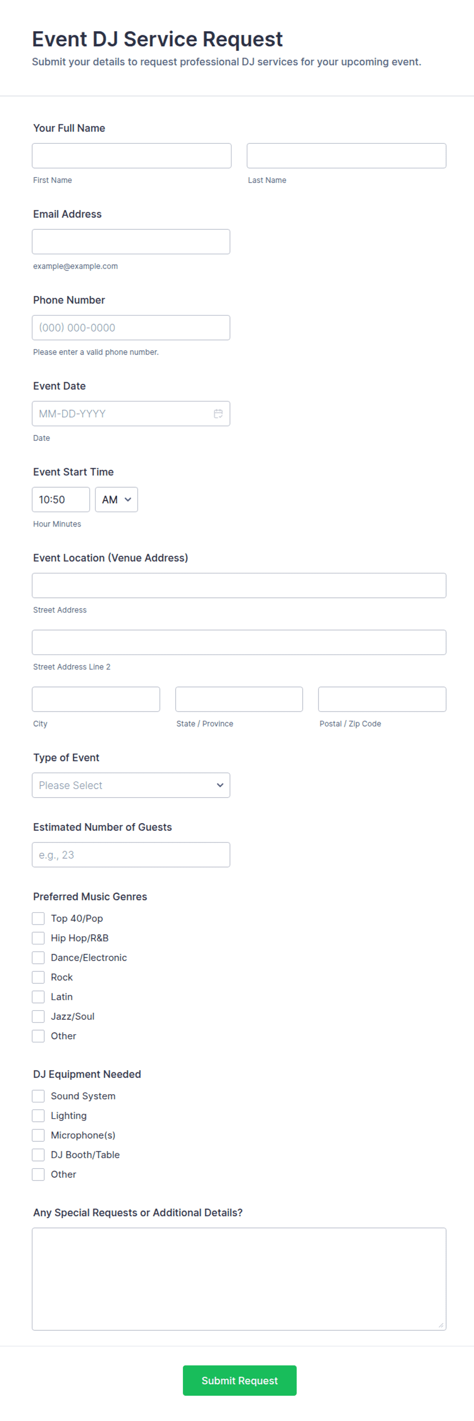 Event DJ Service Request Form Template | Jotform