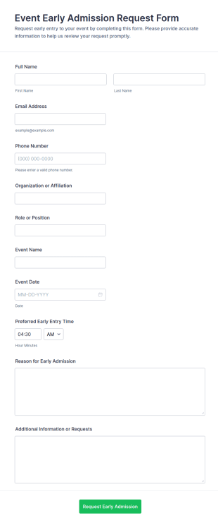 Event Early Admission Request Form Template