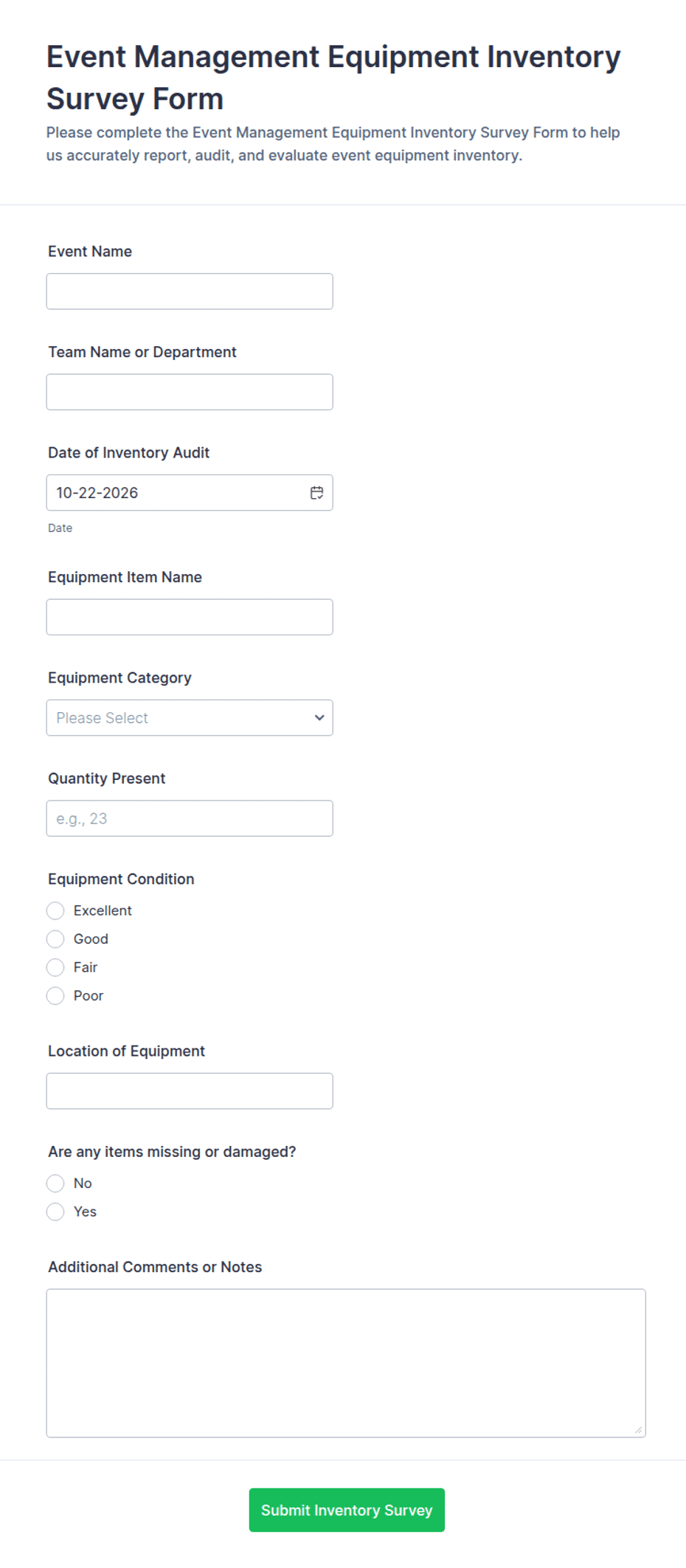 Event Equipment Inventory Survey Form Template | Jotform