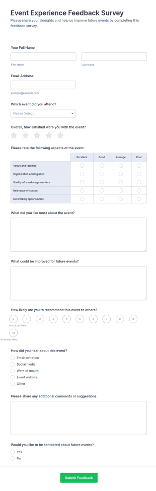 Event Experience Feedback Survey Form Template