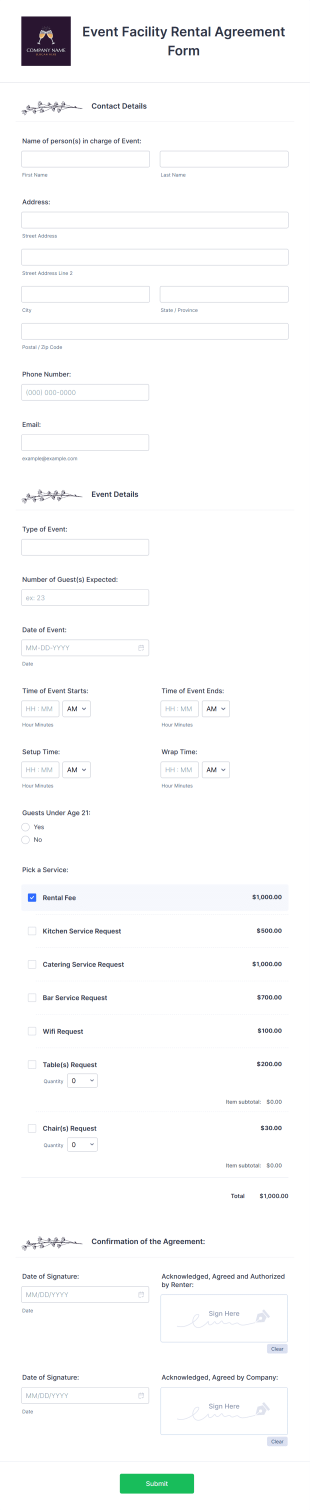 Event Facility Rental Agreement Form Template