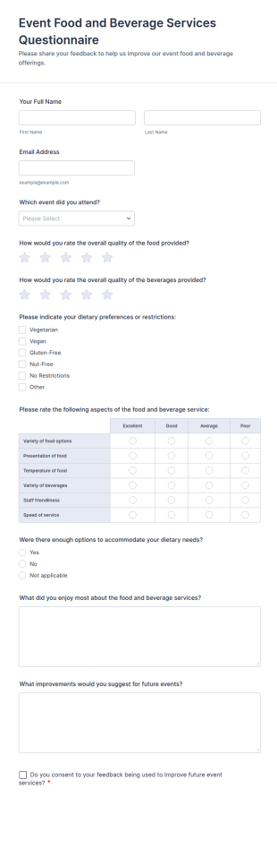 Event Food And Beverage Services Questionnaire Form Template