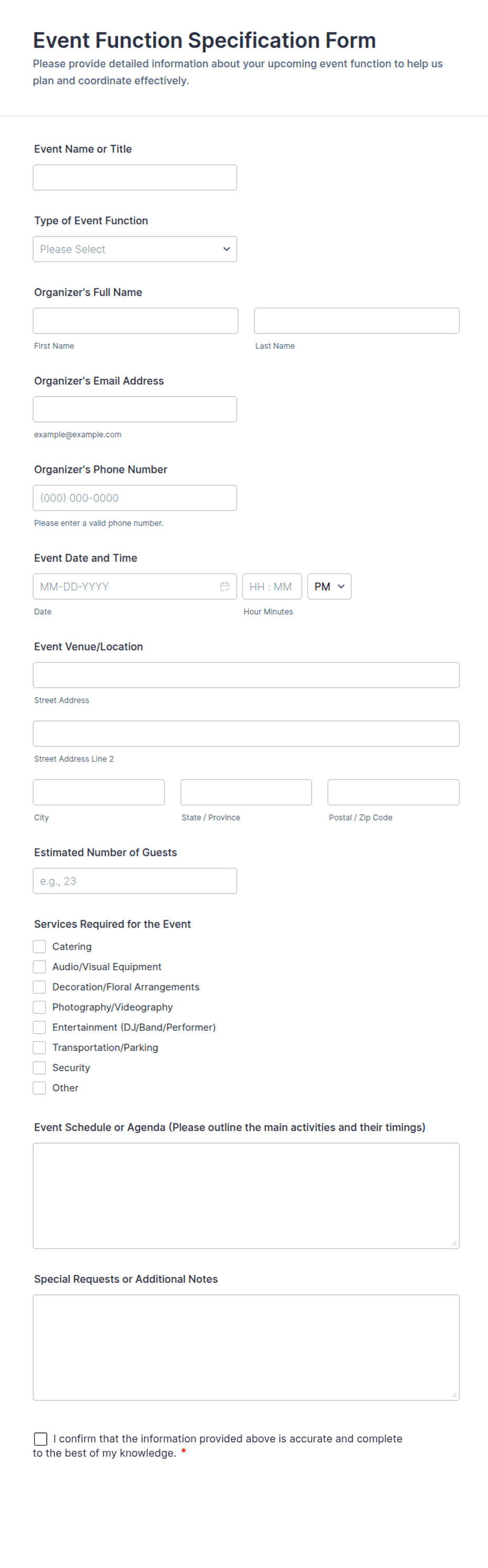 Event Function Specification Form Template | Jotform