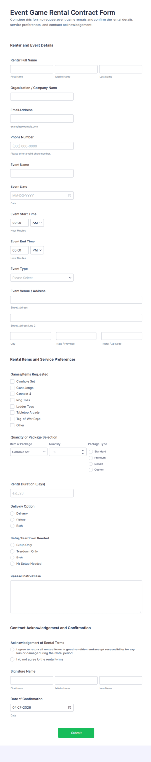 Event Game Rental Contract Form Template