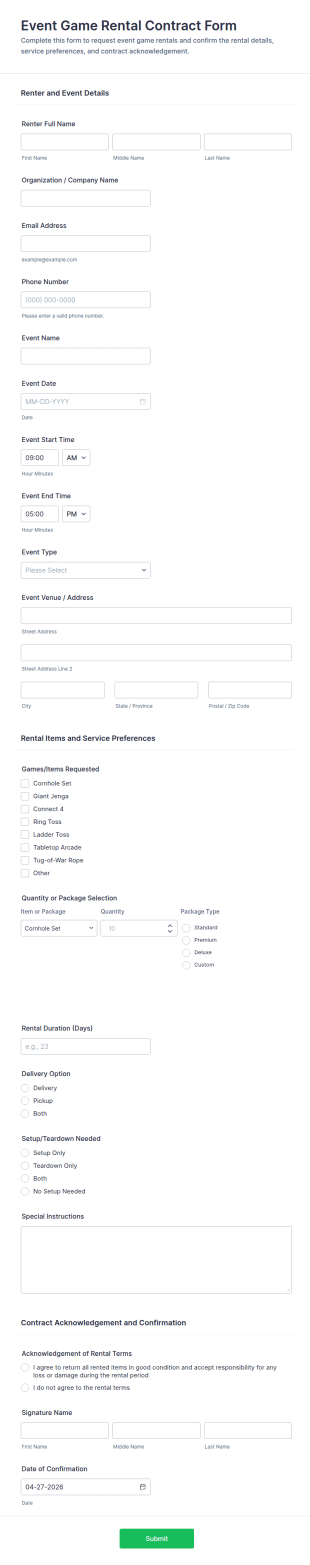 Event Game Rental Contract Form Template