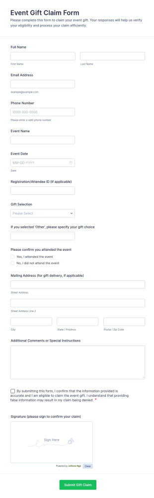 Event Gift Claim Form Template