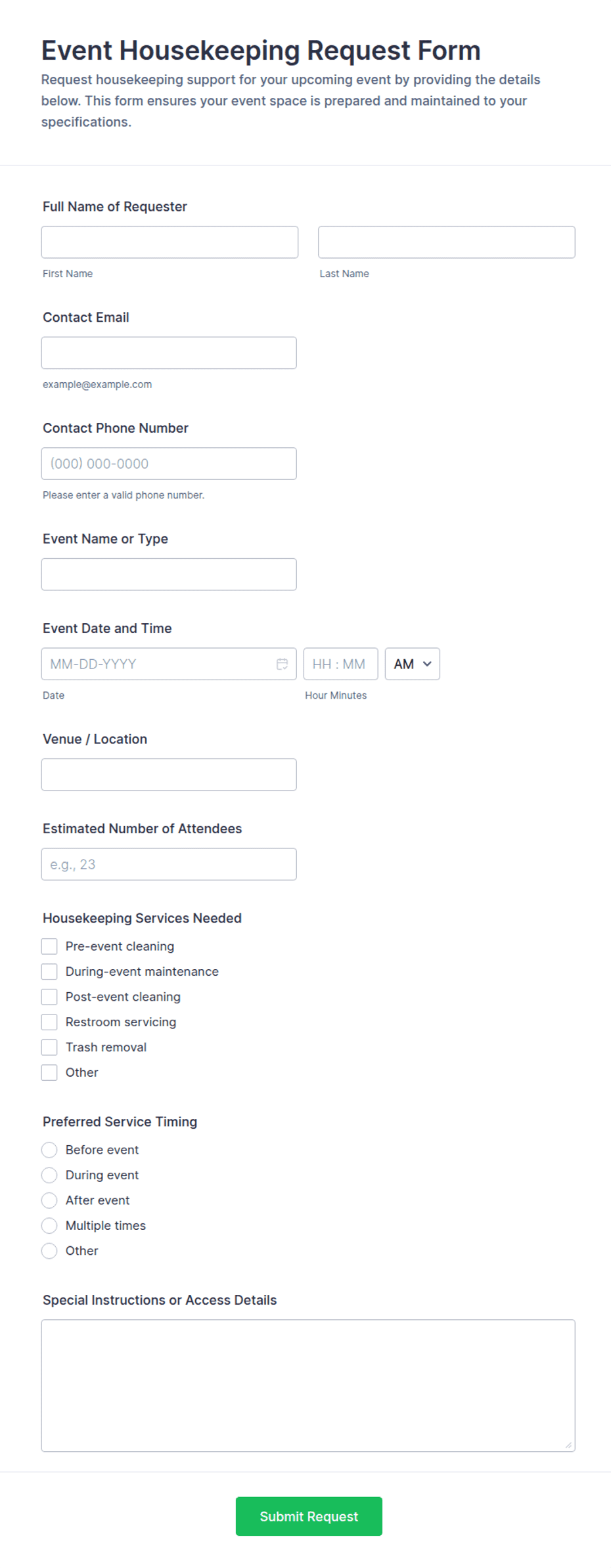Event Housekeeping Request Form Template | Jotform