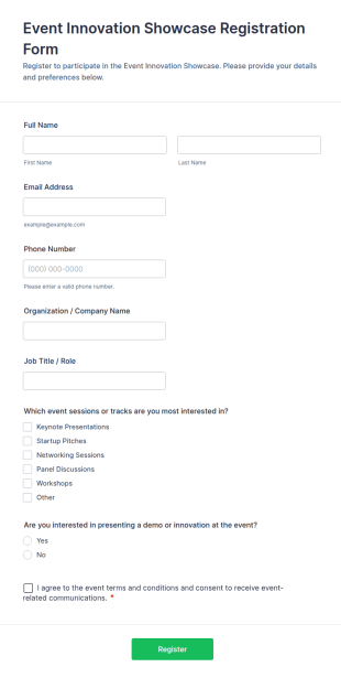 Event Innovation Showcase Registration Form Template