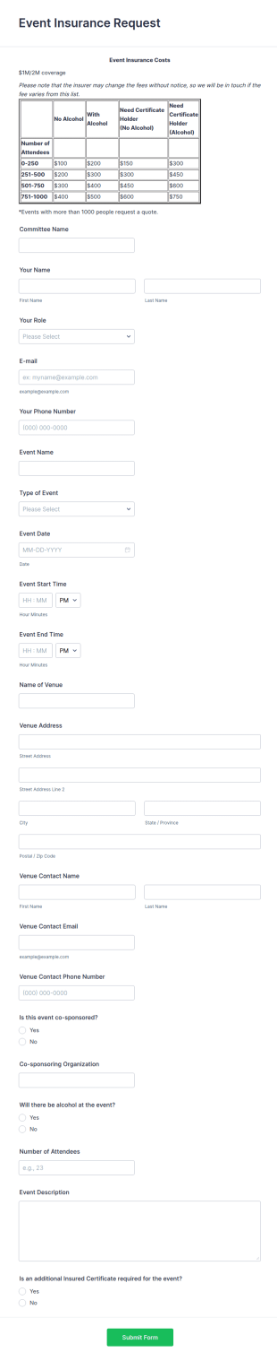 Event Insurance Request Form Template