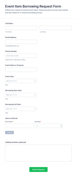 Event Item Borrowing Request Form Template