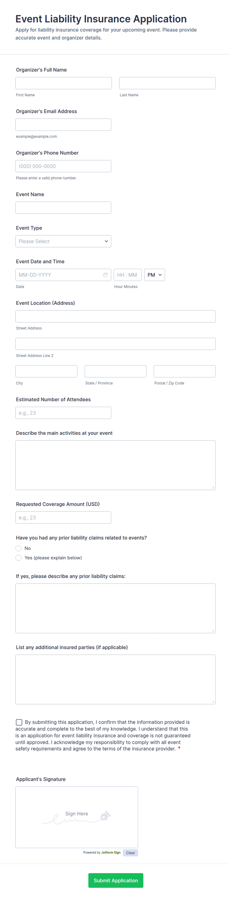 Event Liability Insurance Application Form Template | Jotform