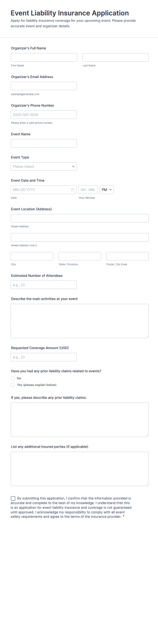 Event Liability Insurance Application Form Template