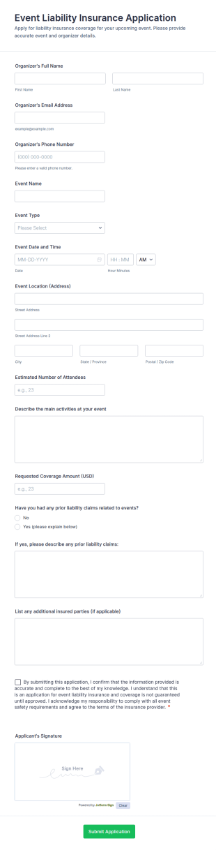 Event Liability Insurance Application Form Template