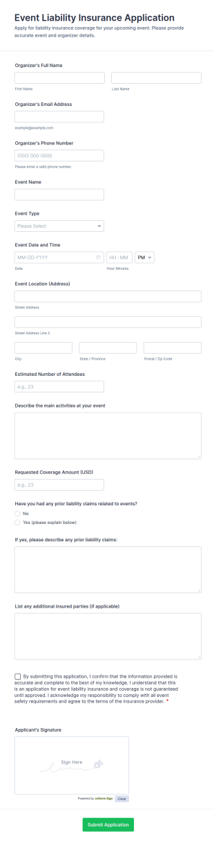 Event Liability Insurance Application Form Template