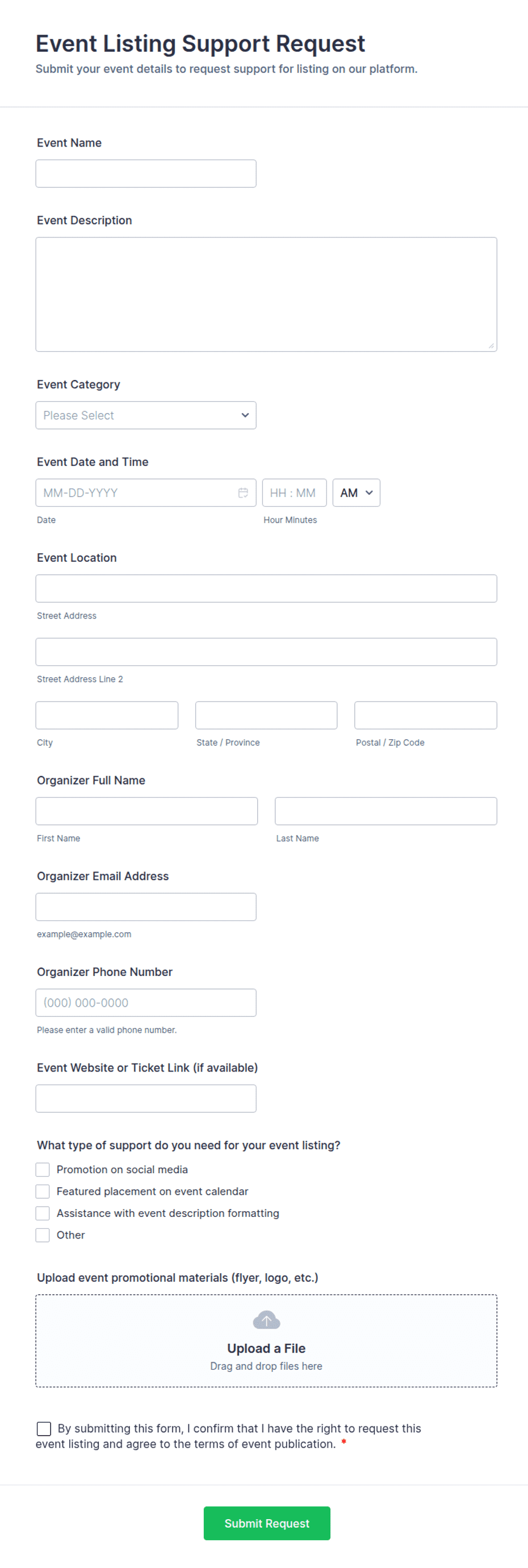 Event Listing Support Request Form Template | Jotform