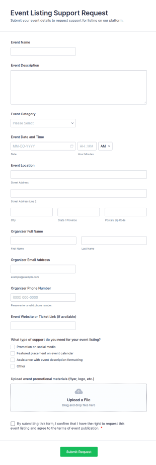 Event Listing Support Request Form Template