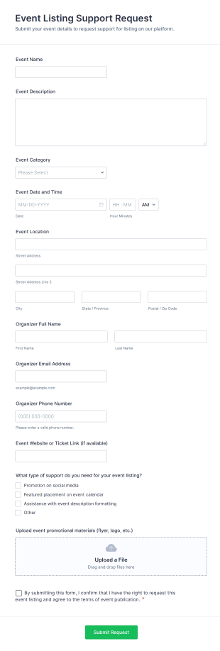 Event Listing Support Request Form Template