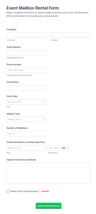 Event Mailbox Rental Form Template