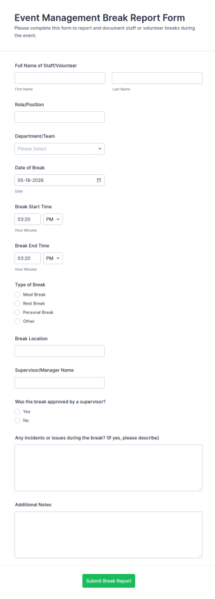 Event Management Break Report Form Template