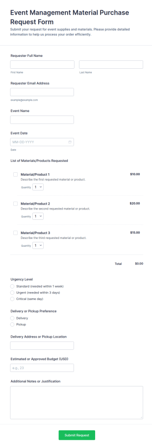 Event Management Material Purchase Request Form Template
