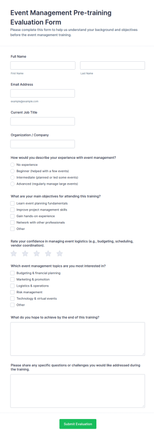 Event Management Pre Training Evaluation Form Template