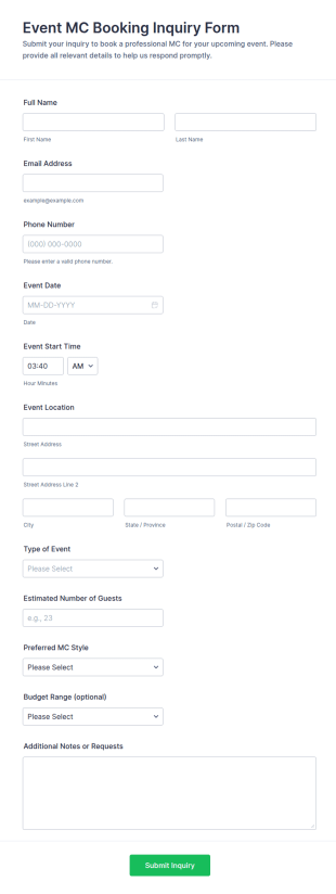 Event MC Booking Inquiry Form Template