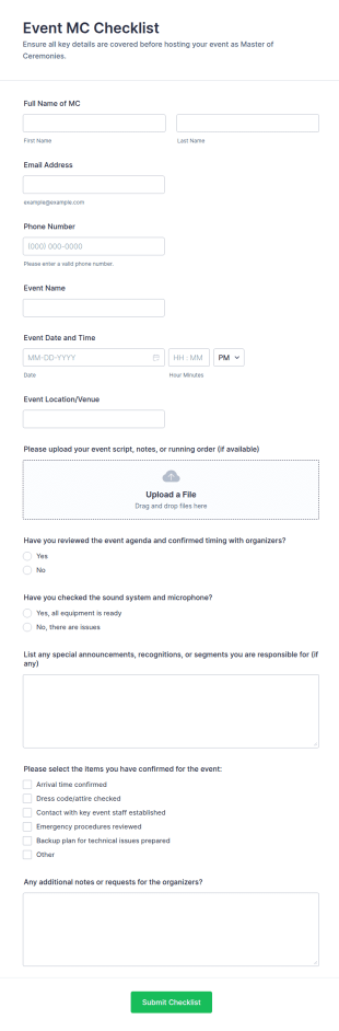 Event MC Checklist Form Template