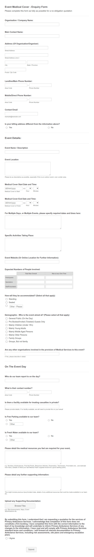 Event Medical Cover Enquiry Form Template