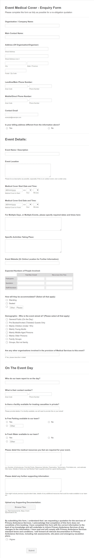 Event Medical Cover Enquiry Form Template