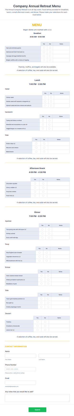 Event Menu Preferences Form Template
