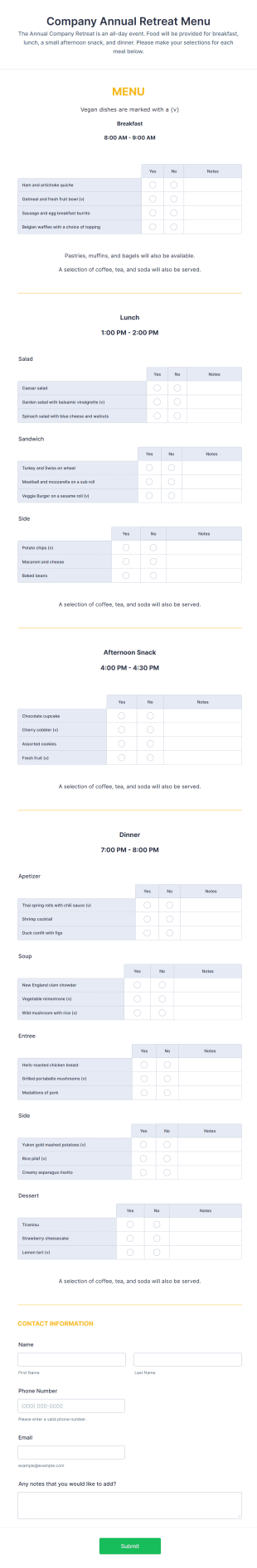 Event Menu Preferences Form Template