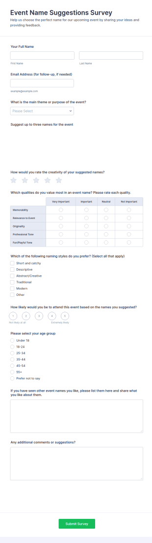 Event Name Suggestions Survey Form Template