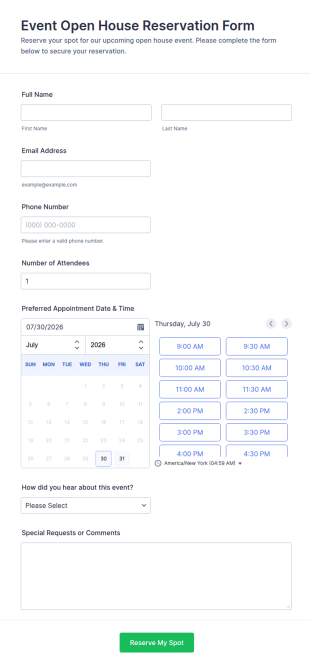 Event Open House Reservation Form Template