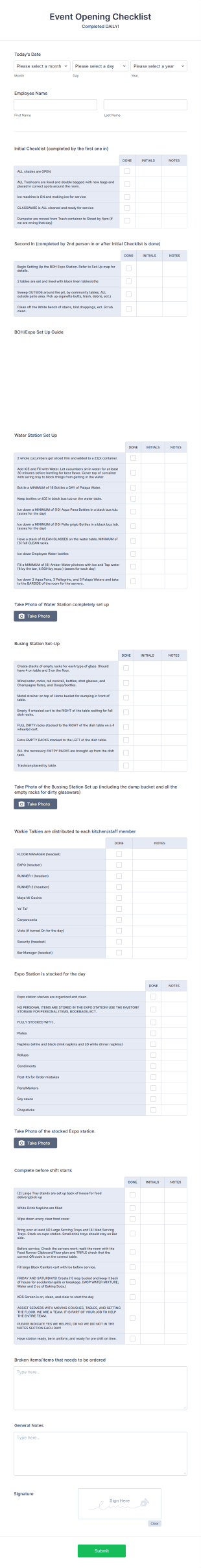 Event Opening Checklist Form Template