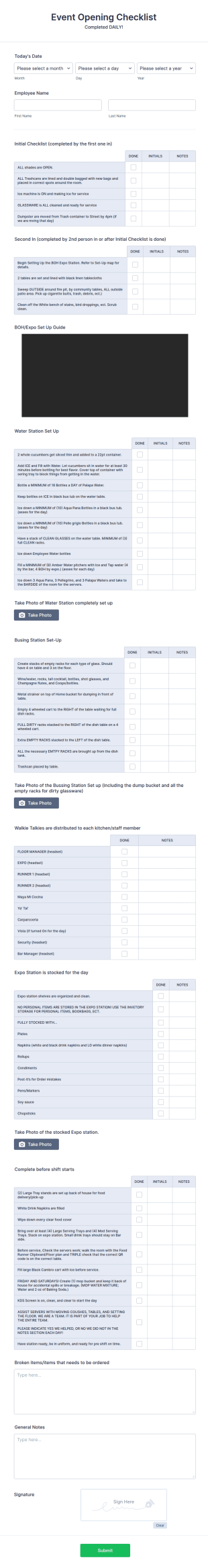 Event Opening Checklist Form Template