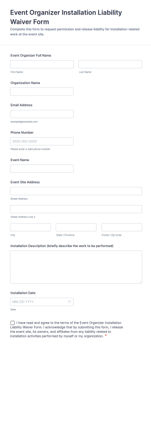 Event Organizer Installation Liability Waiver Form Template