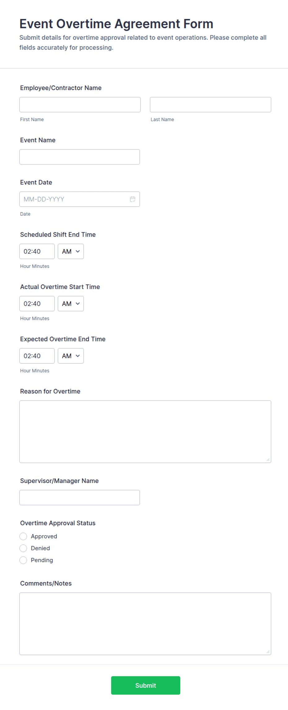 Event Overtime Agreement Form Template | Jotform